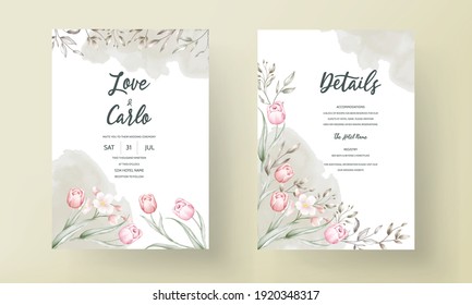 Floral wedding invitation template set with brown and peach flowers and leaves decoration