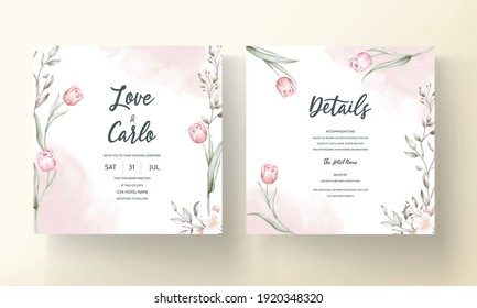 Floral wedding invitation template set with brown and peach flowers and leaves decoration