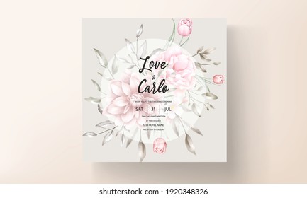 Floral wedding invitation template set with brown and peach flowers and leaves decoration