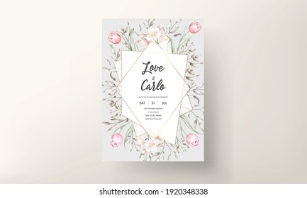 Floral wedding invitation template set with brown and peach flowers and leaves decoration