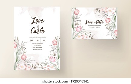 Floral wedding invitation template set with brown and peach flowers and leaves decoration