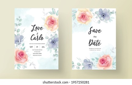 Floral wedding invitation template set with beautiful flowers and leaves decoration