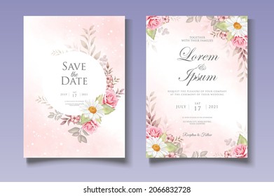 Floral wedding invitation template set with elegant leaves