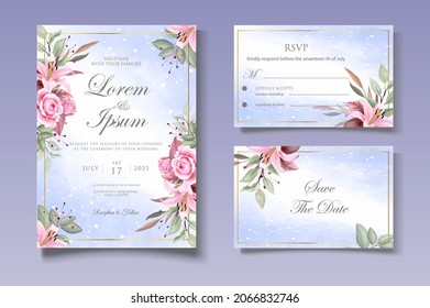 Floral wedding invitation template set with elegant leaves