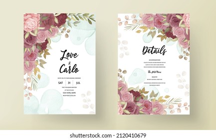 Floral wedding invitation template set with elegant flower and leaves decoration