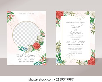 Floral wedding invitation template set with elegant white and red roses design
