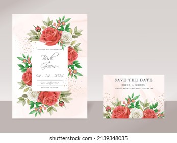 Floral wedding invitation template set with elegant white and red roses design