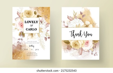 Floral Wedding Invitation Template Set With Elegant Brown Flower Leaves