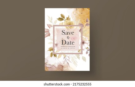 Floral wedding invitation template set with elegant brown flower leaves