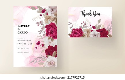 Floral wedding invitation template set with brown and maroon roses flowers and leaves decoration