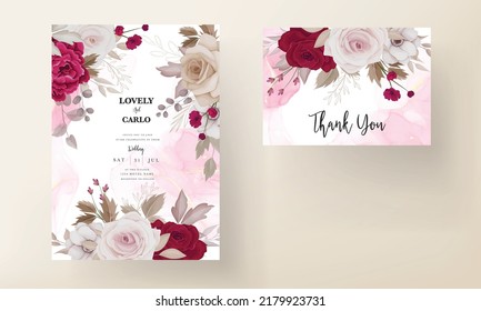 Floral wedding invitation template set with brown and maroon roses flowers and leaves decoration