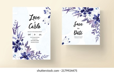 Floral wedding invitation template set with watercolor flowers and leaves decoration