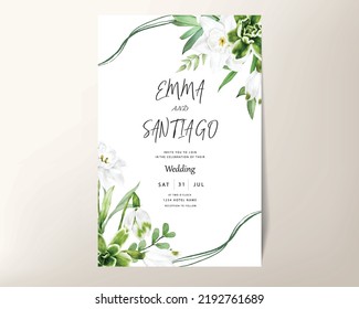 floral wedding invitation template set with elegant Green leaves