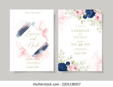 Floral wedding invitation template set with navy and pink roses and leaves decoration