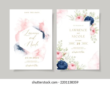 Floral Wedding Invitation Template Set With Navy And Pink Roses And Leaves Decoration