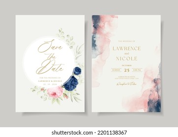 Floral wedding invitation template set with navy and pink roses and leaves decoration