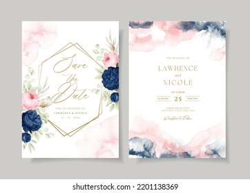 Floral wedding invitation template set with navy and pink roses and leaves decoration