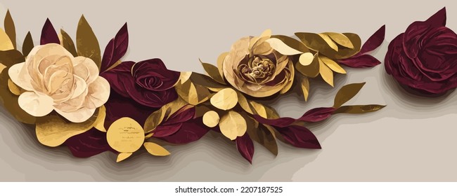 floral wedding invitation template set with gold flowers