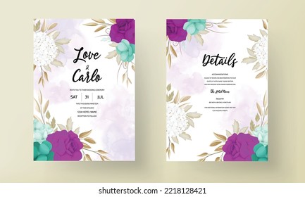 Floral wedding invitation template set with purple and greenery watercolor flower and leaves  decoration