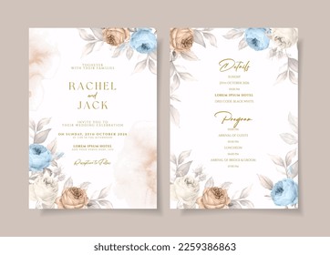 Plantilla de invitación a bodas florales con rosales polvorientos azules y oxidados y decoración de hojas