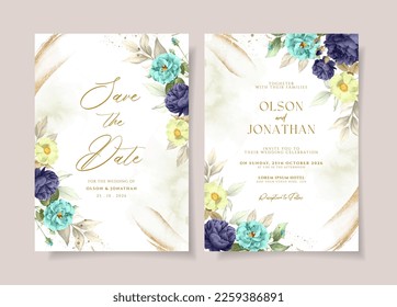 Plantilla de invitación a bodas florales con decoración de tosca y rosas moradas y hojas