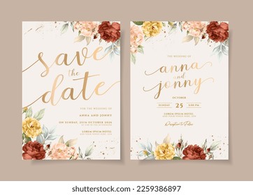 Floral wedding invitation template set with red and yellow flower and leaves decoration