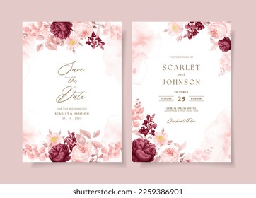 Floral wedding invitation template set with red and peach roses and leaves decoration