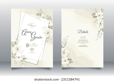 Floral wedding invitation template set with white flower and leaves decoration Premium Vector