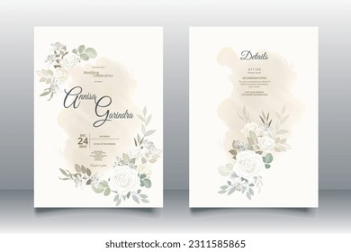 Floral wedding invitation template set with white flower and leaves decoration Premium Vector