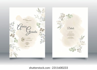 Floral wedding invitation template set with white flower and leaves decoration Premium Vector