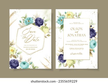 Plantilla de invitación a bodas florales con decoración de tosca y rosas moradas y hojas