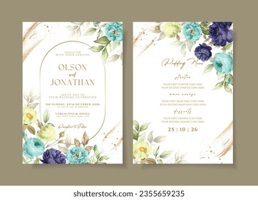 Floral wedding invitation template set with tosca and purple roses and leaves decoration