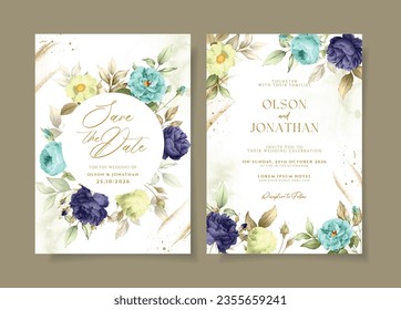 Floral wedding invitation template set with tosca and purple roses and leaves decoration