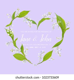 Floral Wedding Invitation Template with Spring Lily of the Valley Flowers in Heart Shape. Save the Date Card, Anniversary Party, RSVP. Vector illustration