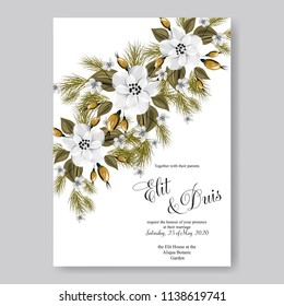Floral wedding invitation template Vector card of white snow peony poinsettia rose anemone fir winter christmas wreath holiday greeting card