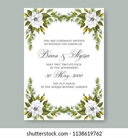 Floral wedding invitation template Vector card of white snow peony poinsettia rose anemone fir winter christmas wreath holiday greeting card