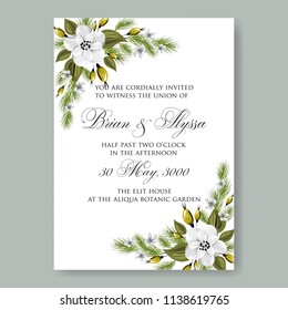 Floral wedding invitation template Vector card of white snow peony poinsettia rose anemone fir winter christmas wreath holiday greeting card