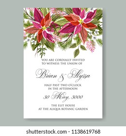 Floral wedding invitation template Vector card of peony red poinsettia rose anemone fir winter christmas wreath