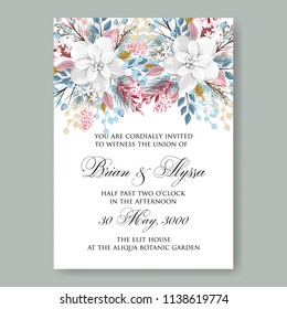 Floral wedding invitation template Vector card of white snow peony poinsettia rose anemone fir winter christmas wreath holiday greeting card