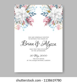 Floral wedding invitation template Vector card of white snow peony poinsettia rose anemone fir winter christmas wreath holiday greeting card