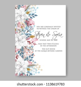 Floral wedding invitation template Vector card of white snow peony poinsettia rose anemone fir winter christmas wreath holiday greeting card