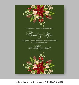 Floral wedding invitation template Vector card of red  poinsettia fir winter christmas wreath Holiday floral decoration holiday card