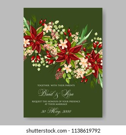 Floral wedding invitation template Vector card of red  poinsettia fir winter christmas wreath Holiday floral decoration holiday card
