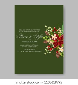 Floral wedding invitation template Vector card of red  poinsettia fir winter christmas wreath Holiday floral decoration holiday card