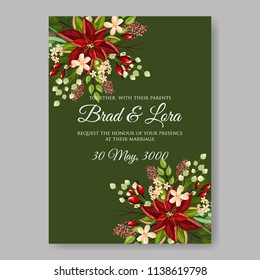 Floral wedding invitation template Vector card of red  poinsettia fir winter christmas wreath Holiday floral decoration holiday card