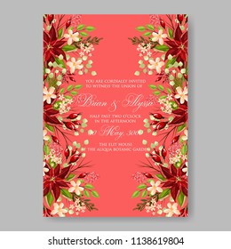 Floral wedding invitation template Vector card of red peony poinsettia rose anemone fir winter christmas wreath holiday greeting card