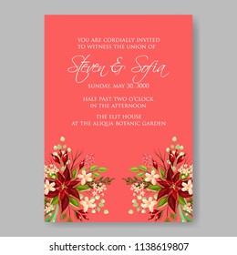 Floral wedding invitation template Vector card of red peony poinsettia rose anemone fir winter christmas wreath holiday greeting card