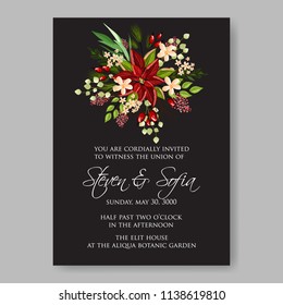 Floral wedding invitation template Vector card of peony poinsettia rose anemone fir winter christmas wreath
