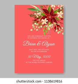 Floral wedding invitation template Vector card of red peony poinsettia rose anemone fir winter christmas wreath holiday greeting card