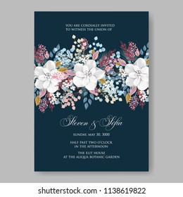 Floral wedding invitation template Vector card of white peony rose anemone fir winter christmas wreath on dark bkue background